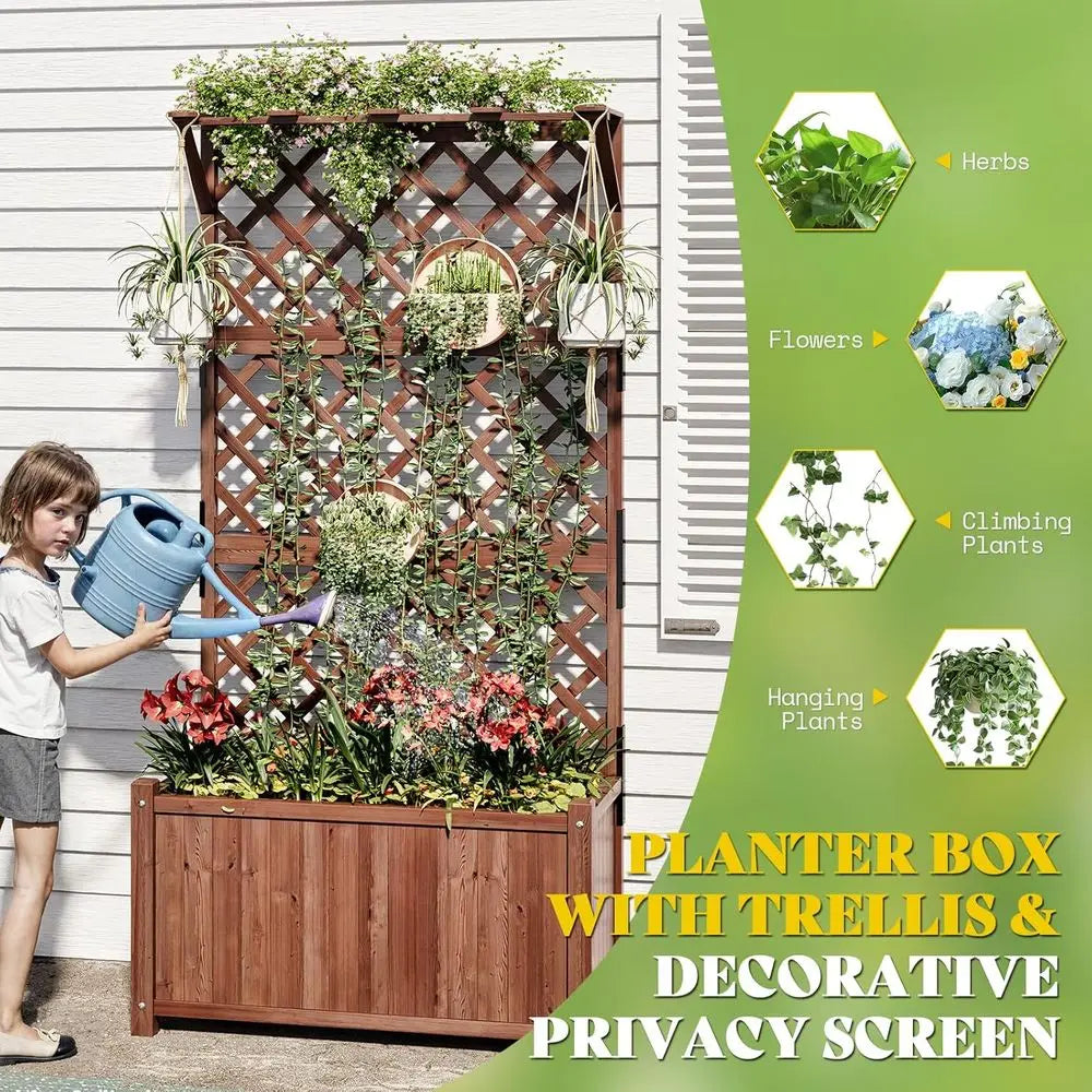 Raised Garden Beds with Trellis by AMERLIFE - 2-Pack Wooden Planters for Vegetables and Climbing Plants, Durable, Drainage Holes