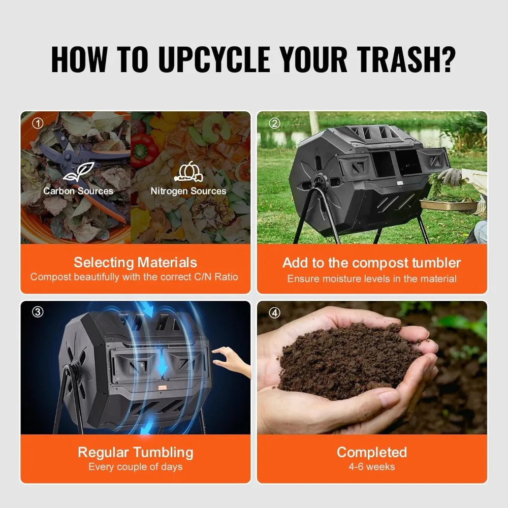 Dual Chamber Composting Tumbler With Sliding Doors And BPA Free Steel Frame