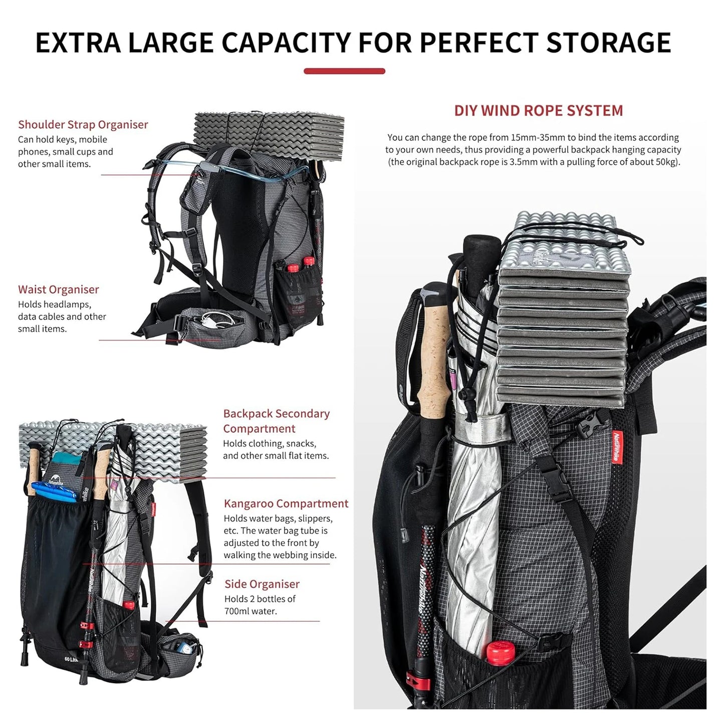 Naturehike Waterproof Mountain Backpack With Rain Cover For Hiking Travel