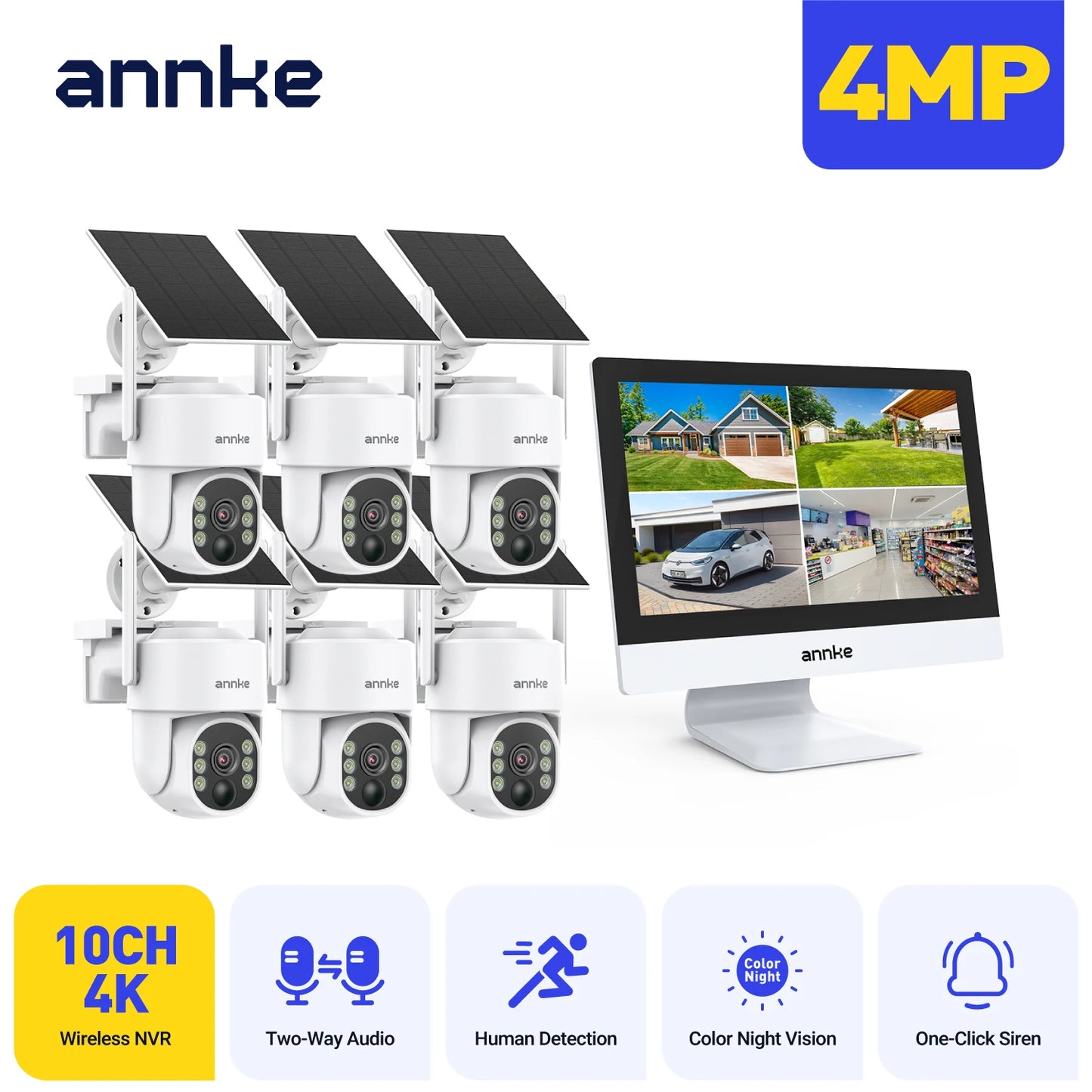 Annke 4MP solar security cameras 10CH 12 in LCD 2.4G 5.8G PTZ wifi security cameras PIR color night vision camera security wifi