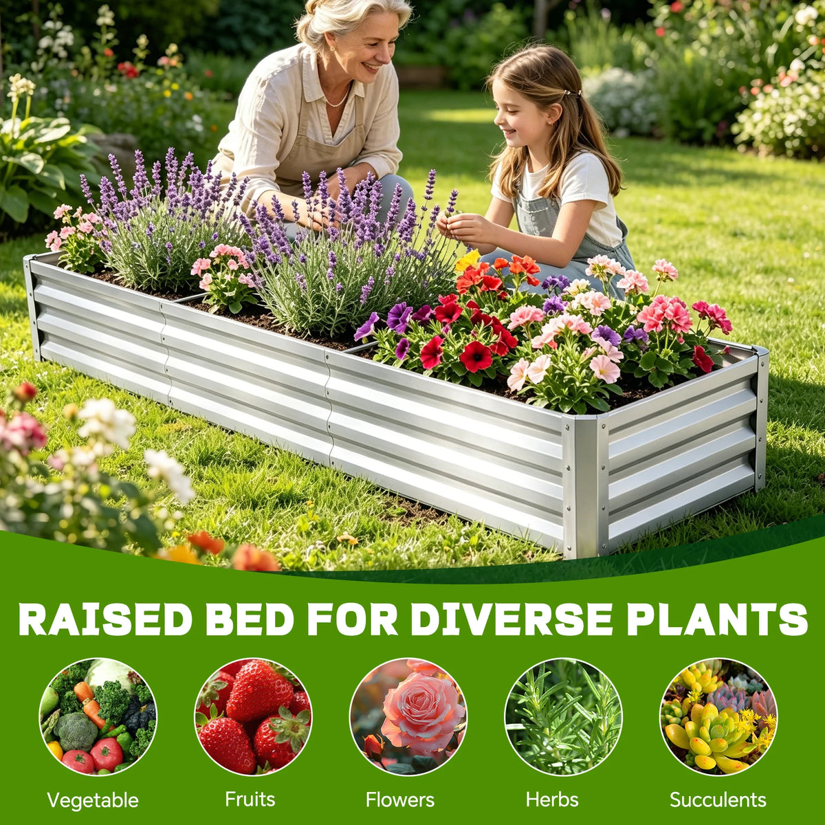 8×2×1ft Galvanized Metal Raised Garden Bed, 2FT Deep Root Elevated Planter Box Steel Large Vegetable Flower Bed Kit Light Green Silver