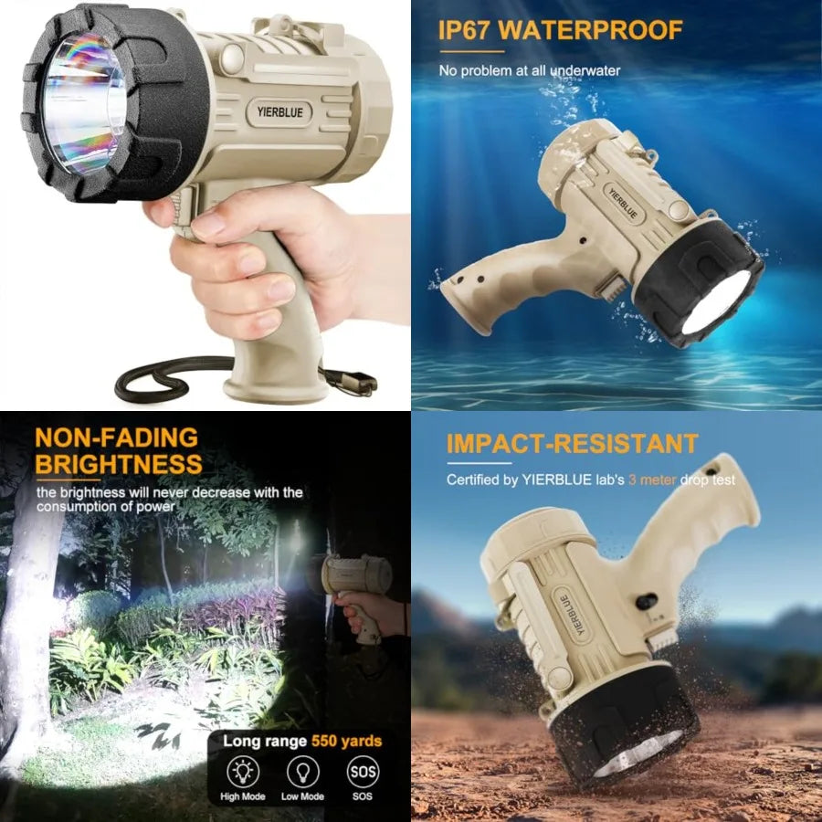Rechargeable Spotlight Flashlight with 2000000 High Lumen LED, IP67 Waterproof Long Running Spot Light searchlight, Impact Resi