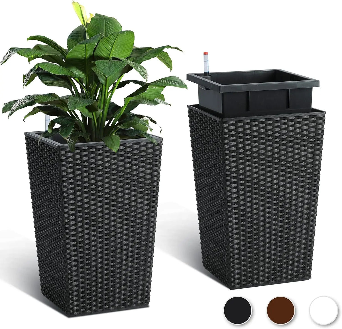 Tacleekii  16" Tall Plastic Rattan Planters 2 Pack Tall White Planters for Indoor with Includes 2 Matching Trays Built‑in Water Level Monitor and Smooth‑rolling Casters for Living Room Home Office