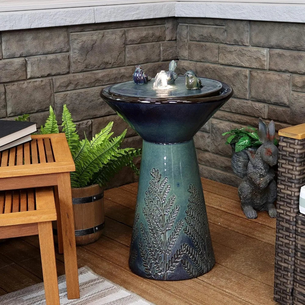 Gathering Birds Ceramic Bird Bath Fountain with LED Lights Patio