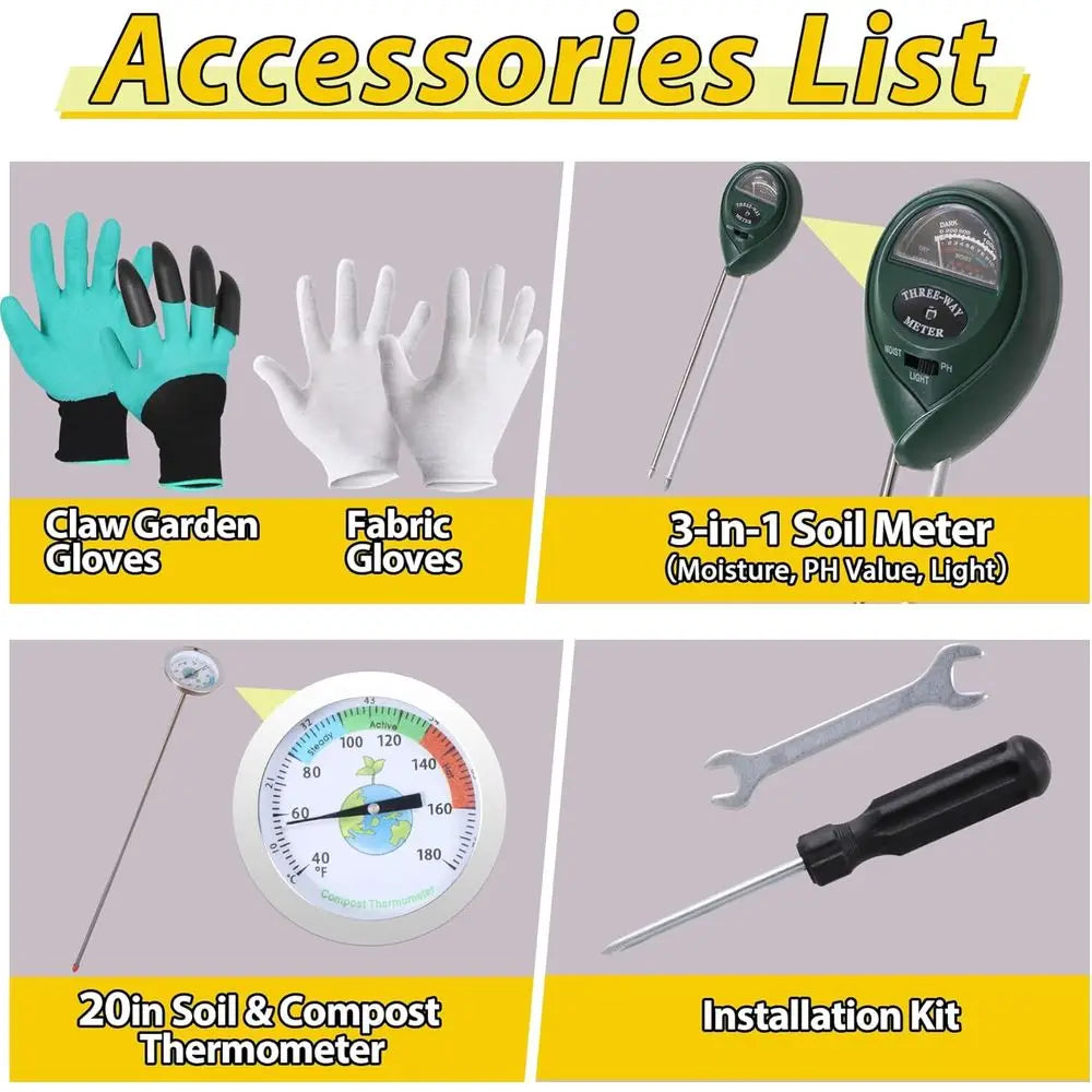 Octagonal Dual-Chamber Compost Tumbler With Thermometer Soil Tester Gloves