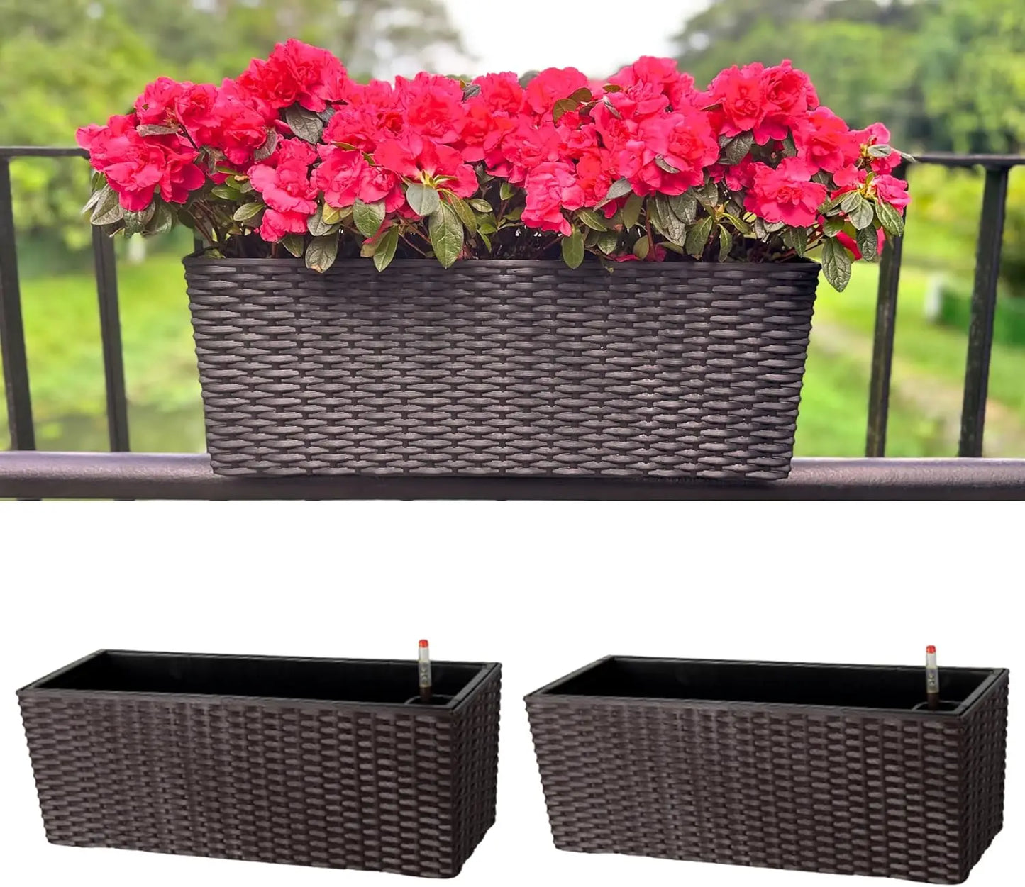 Self-Watering Rail Planter 20" 2-Pack, Black Rectangular Flower Box with Brackets, Rattan Pattern