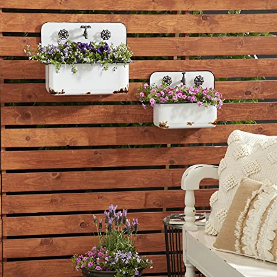 Indoor Outdoor Wall Planter Set Of 2, Metal With Bronze Hardware And Distressed Accents, White, 17 H X 13 W