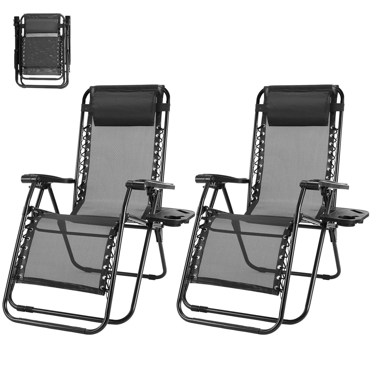 Outdoor Zero Gravity Lounge Chairs Set Of 2 With Cup Holder And Pillow