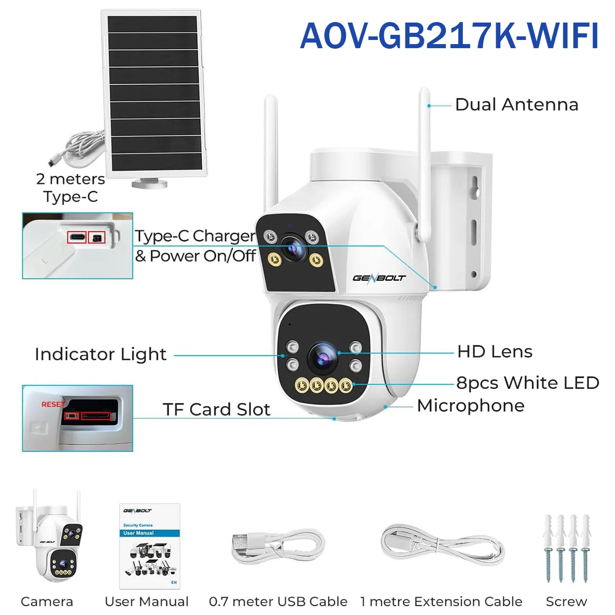 GENBOLT Outdoor Solar Security Wireless Camera 355 Degree Night Vision 15600mAh