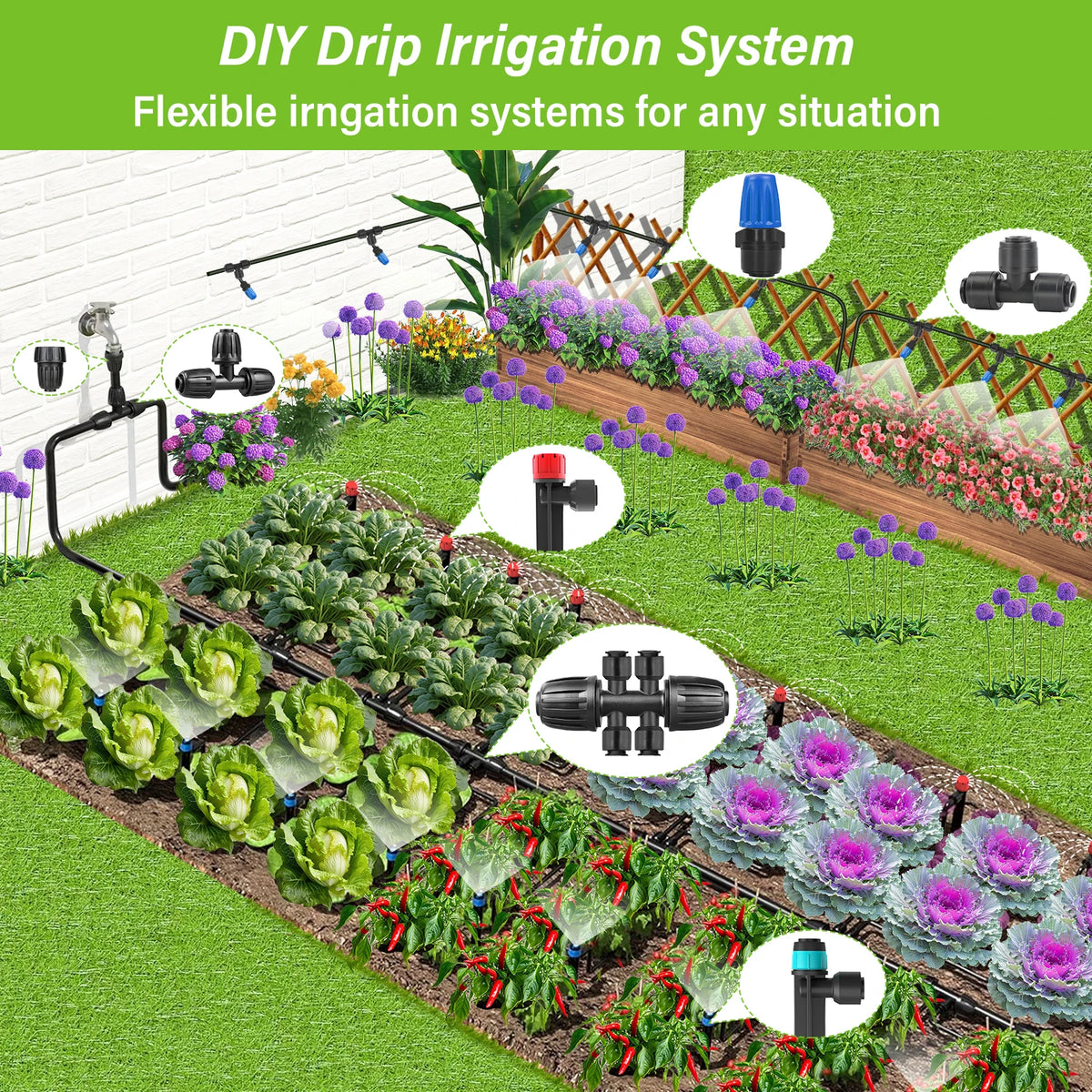 Drip Irrigation Kit for Garden Plants, Adjustable Watering System with Hose and Emitters, DIY Micro Irrigation Set