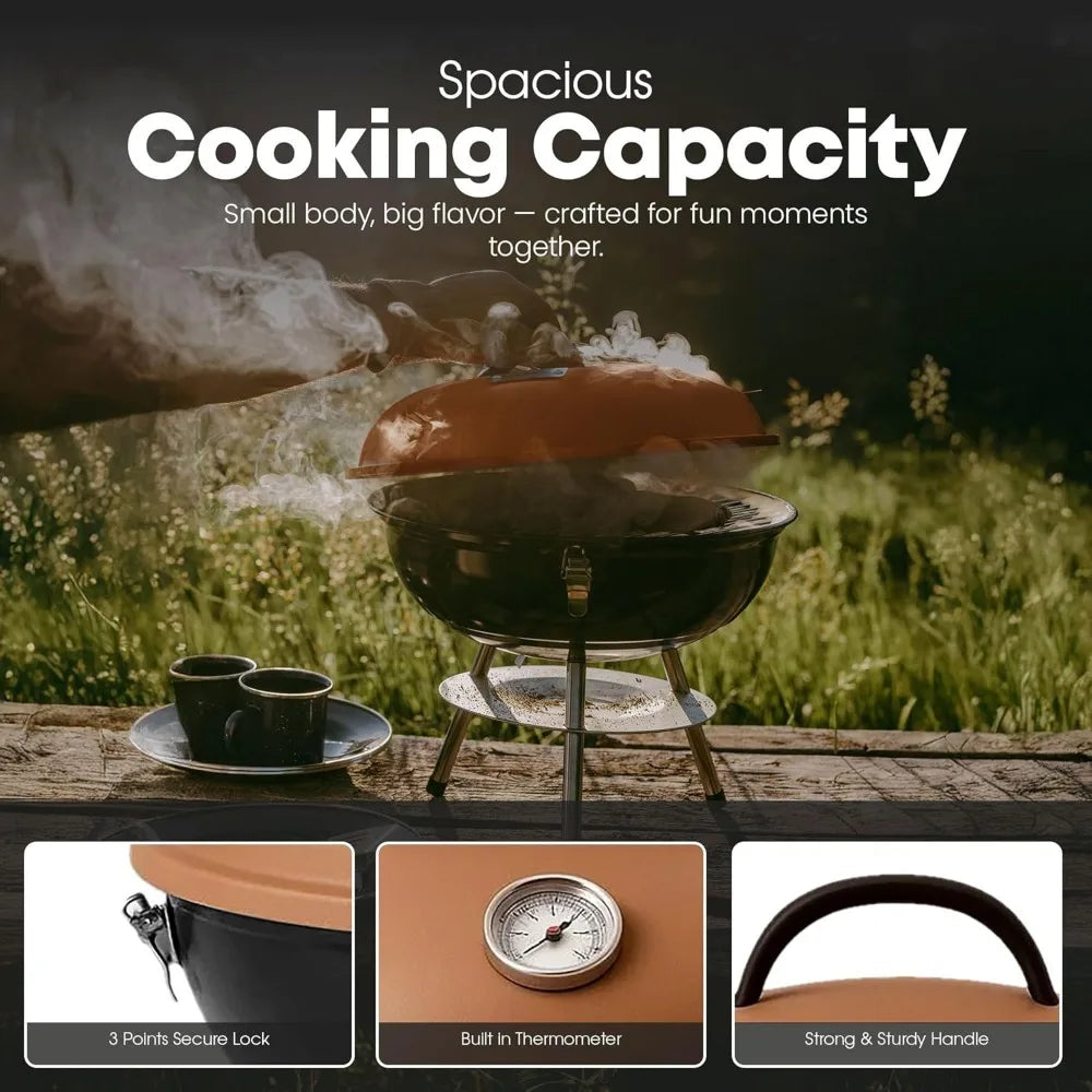 14" Portable Charcoal Grill w/Thermometer, 3-Lock Lid, Dual Vents, Compact for Backyard Camping Boat