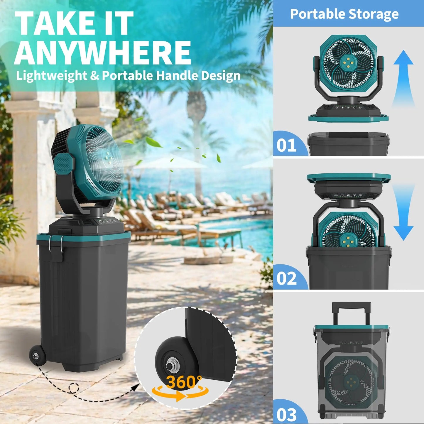 HiMISS 15L Portable Misting Fan With Remote 30000mAh Battery Wheels