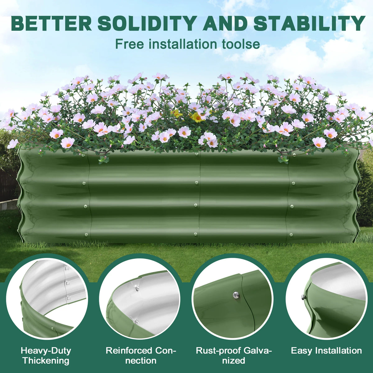 Galvanized Raised Garden Bed Outdoor, Large Raised Bed for Gardening 4×2×1FT Metal Planter Box for Vegetables, Fruits, Flowers, Easy Assembly with Wing Nuts & Safe Rolled Design, Silver/Light Green/ Black/Creamy