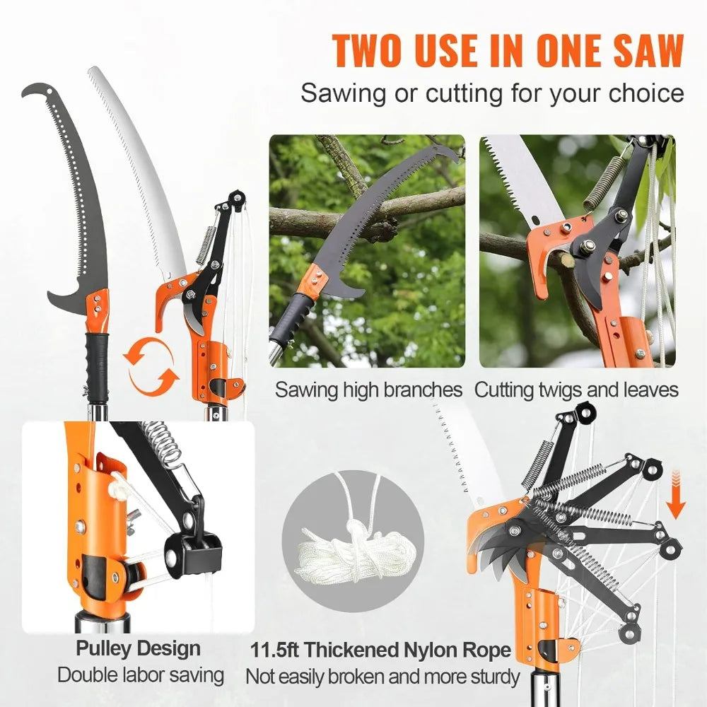 VEVOR 7.3-27 ft Extendable Pole Saw 8 Fiberglass Handles Steel Blade Scissors Tree Pruner for Palms Shrubs