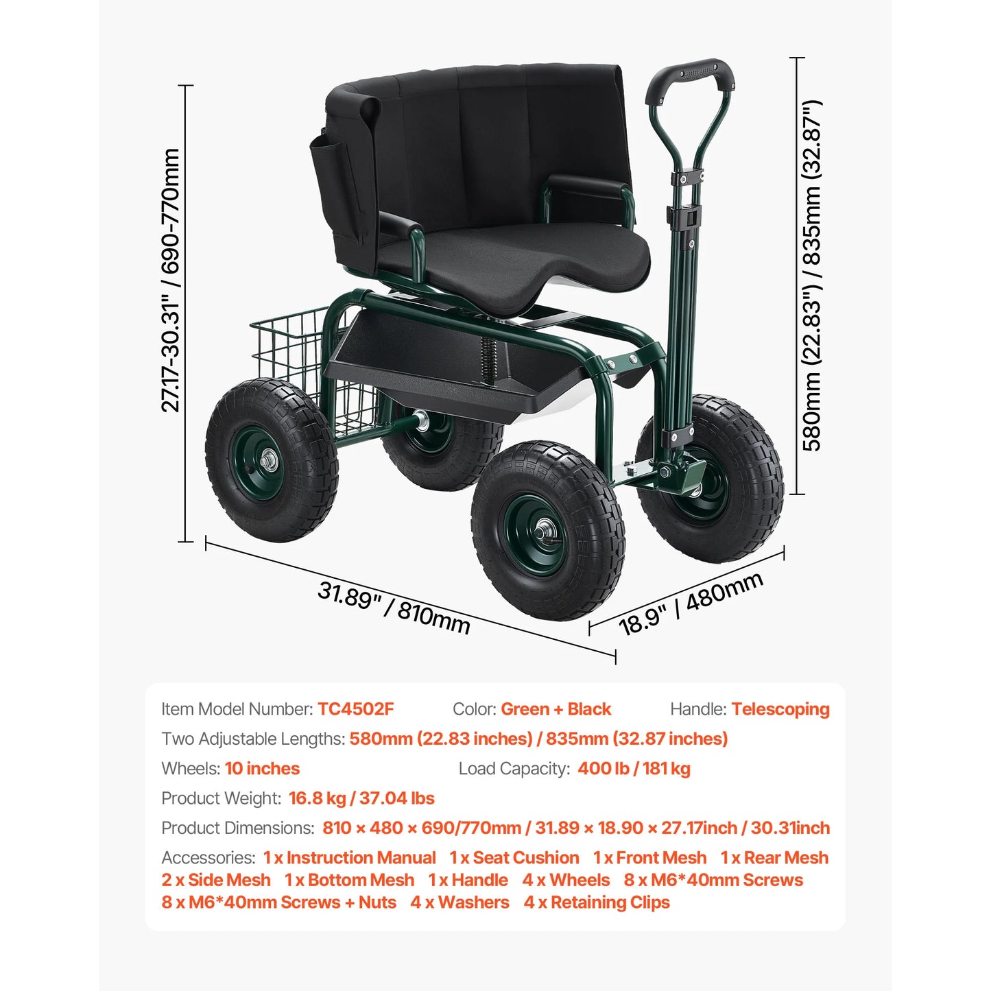 SucceBuy Garden Cart With Seat 2 In 1 Rolling Wagon