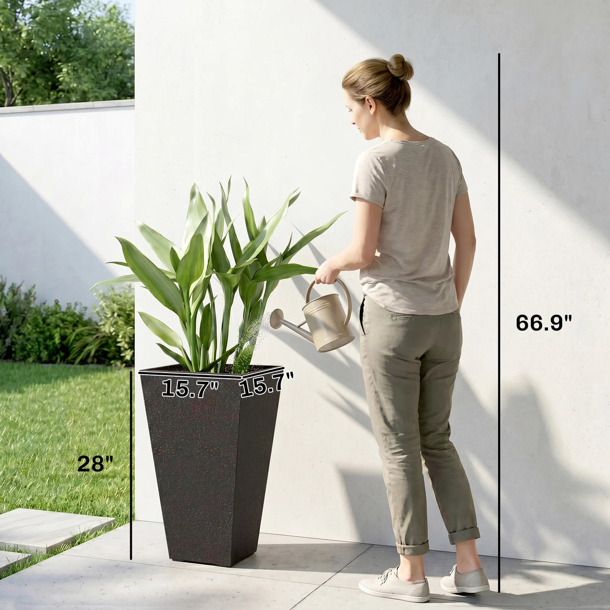 28" Tall Planters, Set of 3 Stackable Tapered Outdoor Planters, Brown
