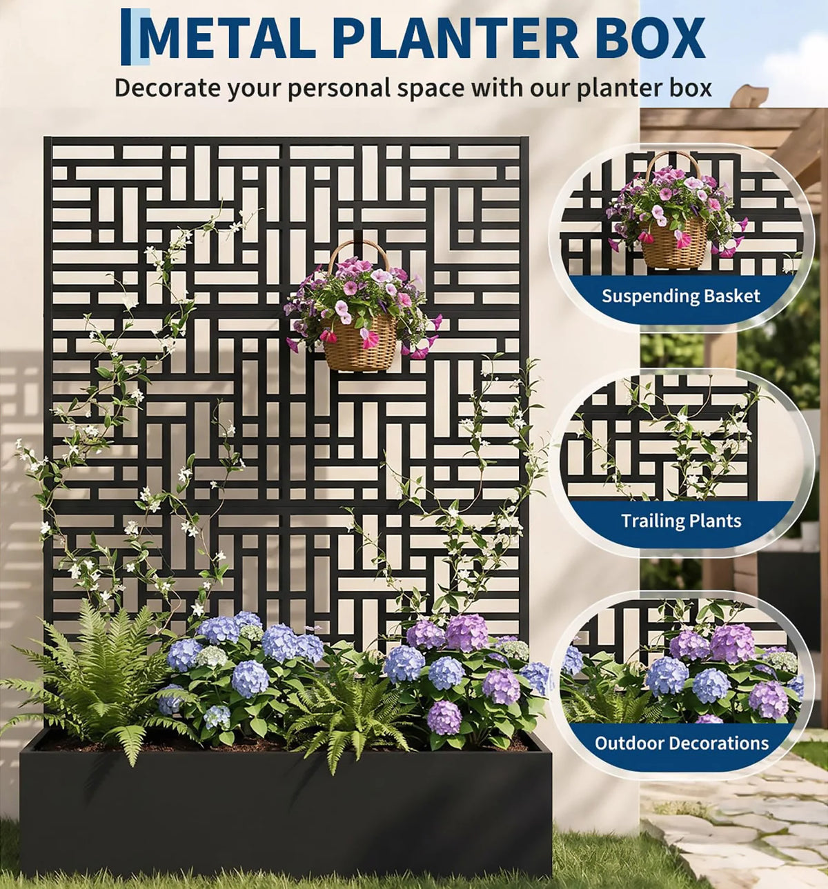 71in Tall Metal Raised Planter Box with Trellis & Privacy Screen Divider - Carbon Steel Outdoor Garden Bed - Drainage Holes - For Climbing Plants, Vines & Vegetables