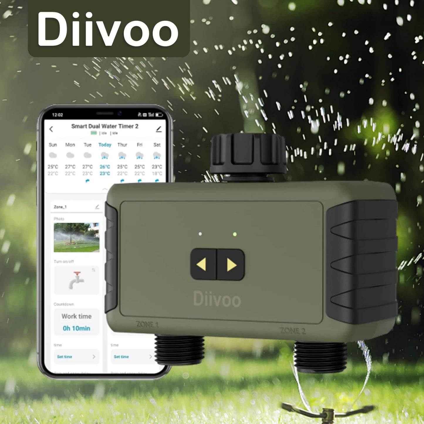 Diivoo Timed Sprinkler for Bluetooth Smart Water Timer for Garden Hose Up to 20 Separate Watering Schedules Rain Delay
