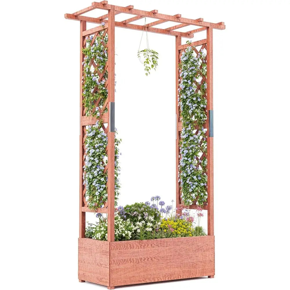GarveeLie Raised Garden Bed with Trellis, 45 in Wood Planter Box with Side Trellis, Hanging Roo, and 4 Drainage Holes, reestandi