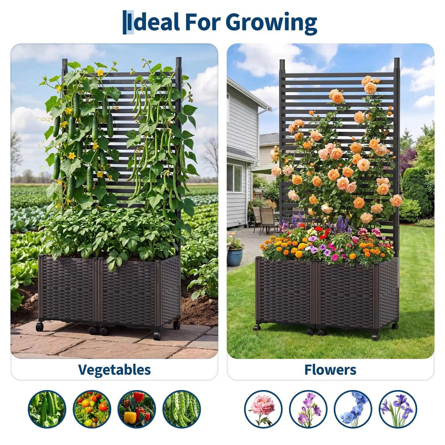 HiMISS Outdoor Planter Box With Trellis Wheels Privacy Screen