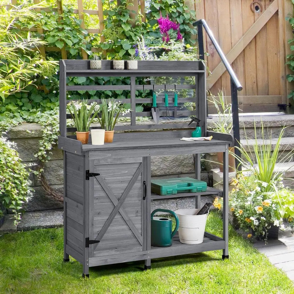 Outdoor Potting Bench Work Table With Storage Cabinet Shelves Planting