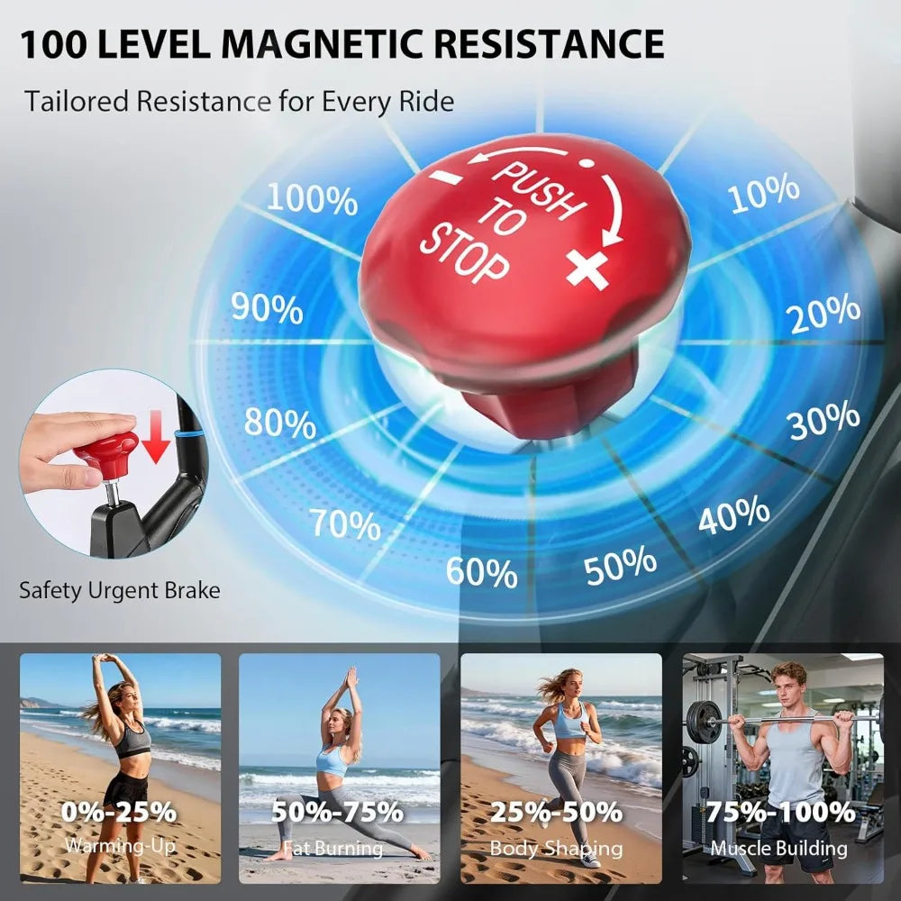 Exercise Bike, Magnetic Stationary Bike for Home with App Sync, Adjustable Seat and Handlebar, Transport Wheels, Fitness Courses for Weight Loss