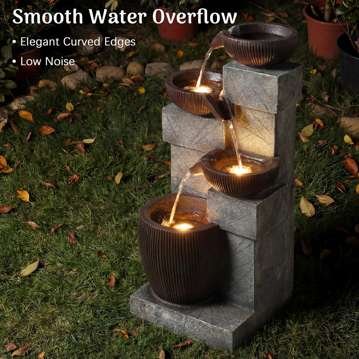 Plugin Powered 4-Tier Cascading Water Fountain with LED Lights, 14.8''W X 14.4''D X 31.5''H, Modern Stone & Bowl Resin Water Feature, Adjustable Flow Pump, Weather-Resistant for Patio, Backyard & Garden Decor