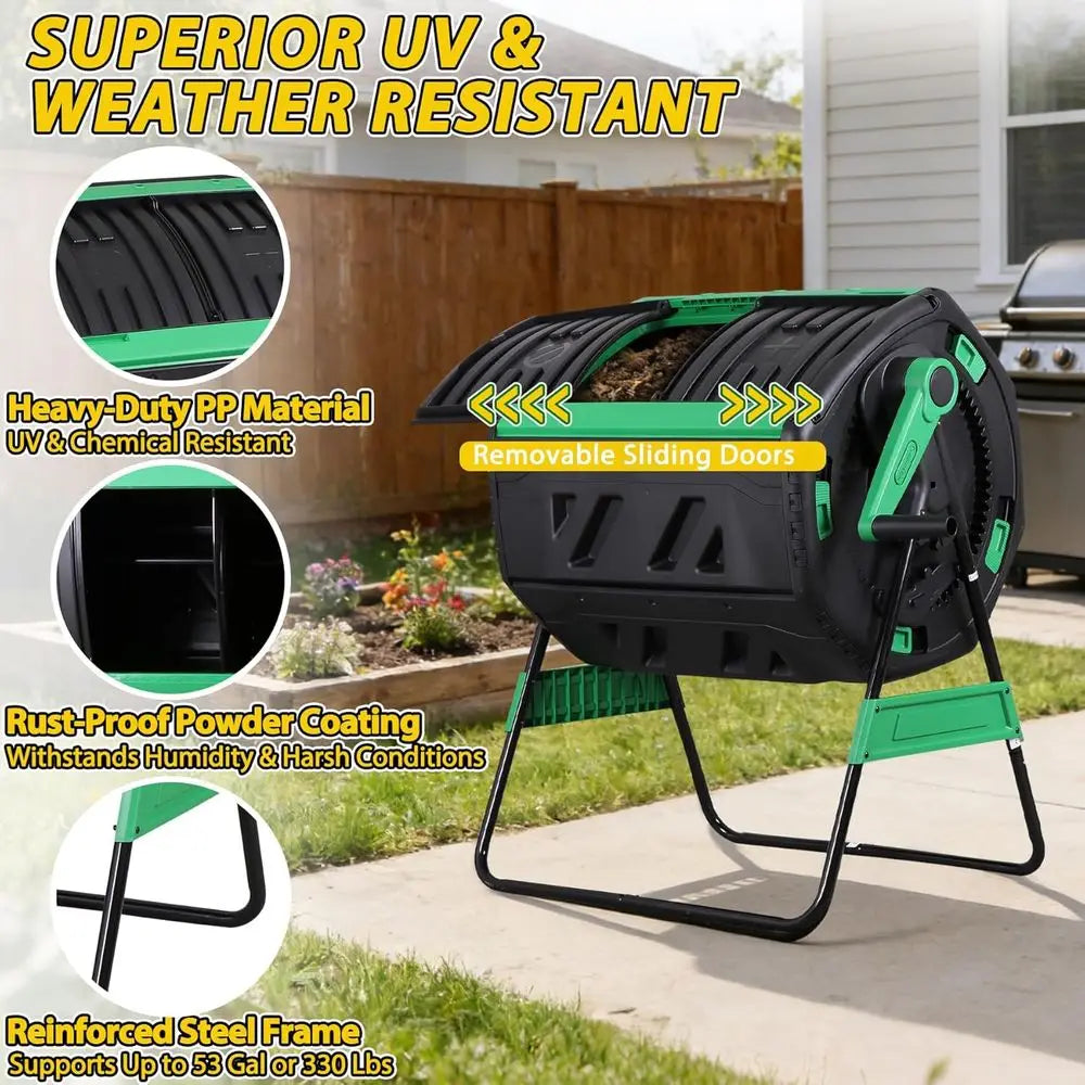 Octagonal Dual-Chamber Compost Tumbler With Thermometer Soil Tester Gloves