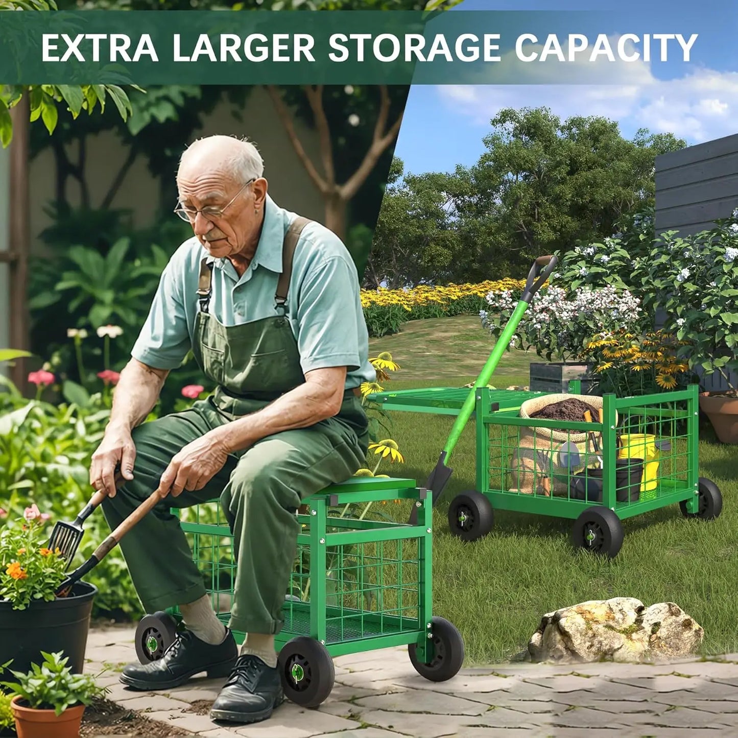 Rolling Garden Work Seat With Wheels Heavy Duty Cart Stool