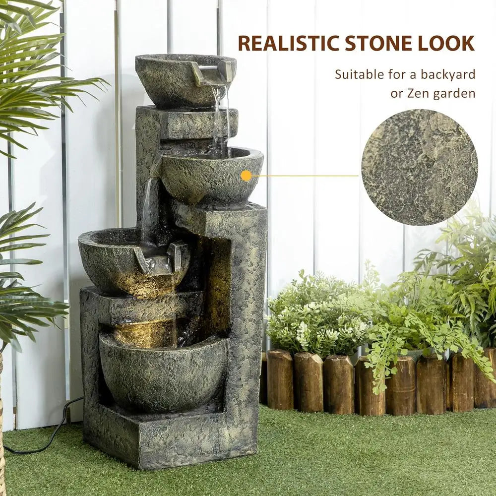 4-Tier Stone Bowl Waterfall with Cascading Water, Adjustable Flow & LED Lights, Ideal for Zen Gardens and Outdoor Spaces in Gray