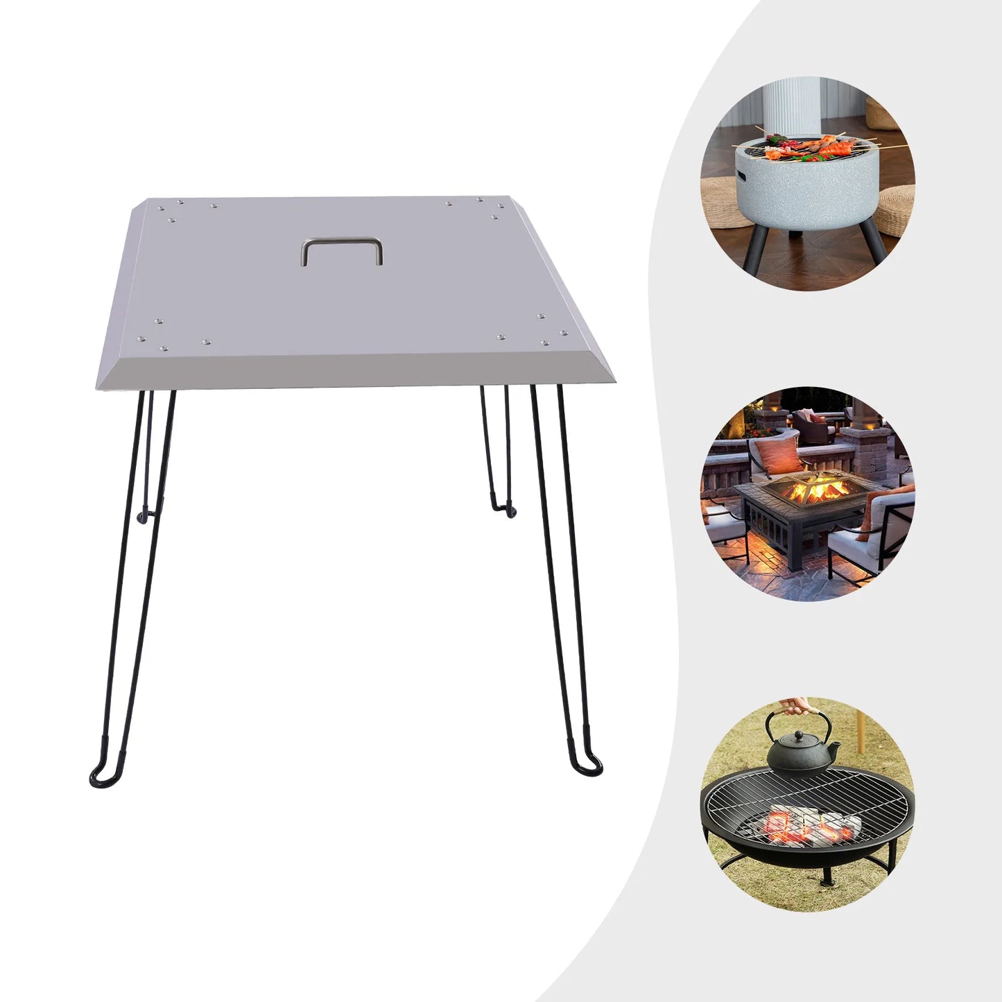 Fire Pit Heat Deflector, 24 x 24 x 24 Inch Stainless Steel Fire Pit Cover, Square Burner Cover to Push Heat Down and Out with Foldable Legs and Carrying Handle for Outdoor Indoor Picnics