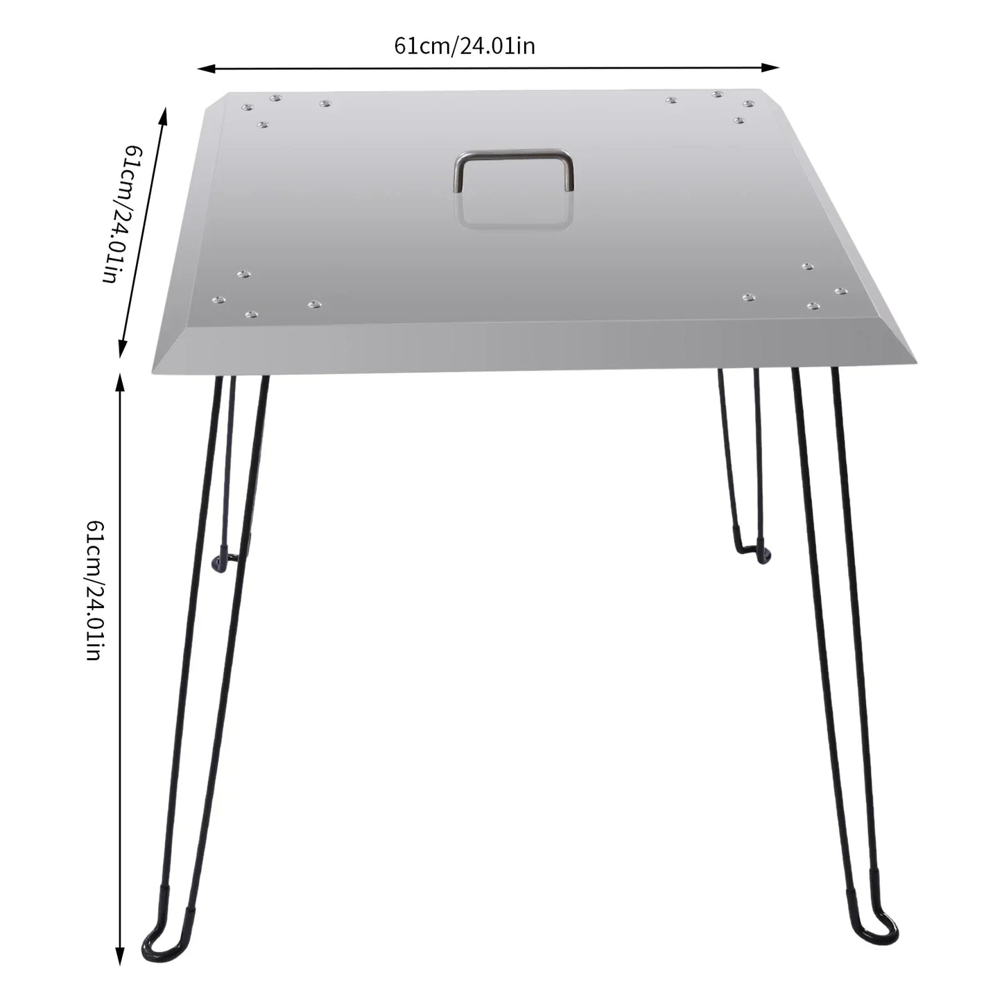 Fire Pit Heat Deflector, 24 x 24 x 24 Inch Stainless Steel Fire Pit Cover, Square Burner Cover to Push Heat Down and Out with Foldable Legs and Carrying Handle for Outdoor Indoor Picnics