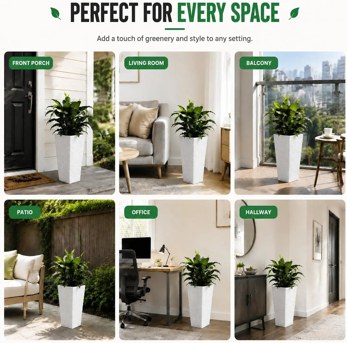 Tacleekii  16" Tall Plastic Rattan Planters 2 Pack Tall White Planters for Indoor with Includes 2 Matching Trays Built‑in Water Level Monitor and Smooth‑rolling Casters for Living Room Home Office