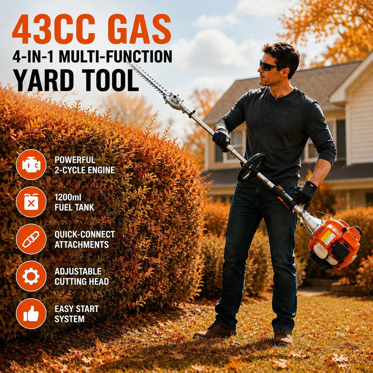 43cc Gas Hedge Trimmer 4 in 1 Garden Tool Long Reach Pole Trimmer Adjustable Cutting Head Brush Cutter Lawn Care Tool Quick Connect Attachment System