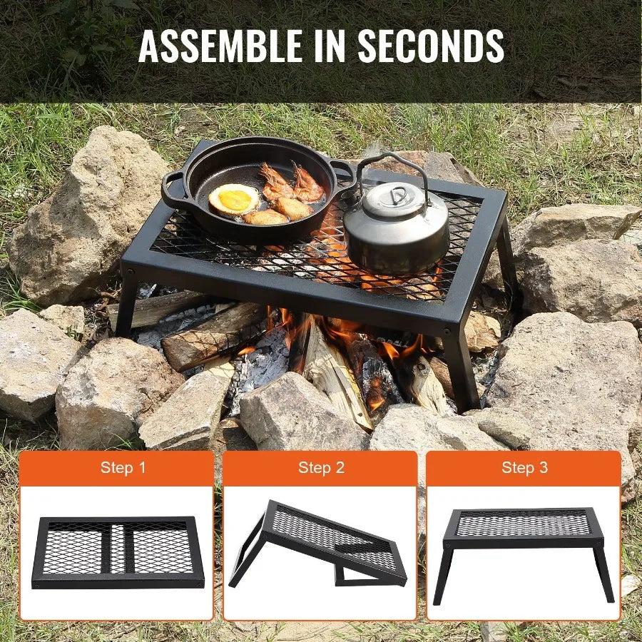 Folding Campfire Grill Heavy Duty Steel Mesh Grate 18 Portable Camping Grates Over Fire Pit Camp Fire Cooking Equipment with Le