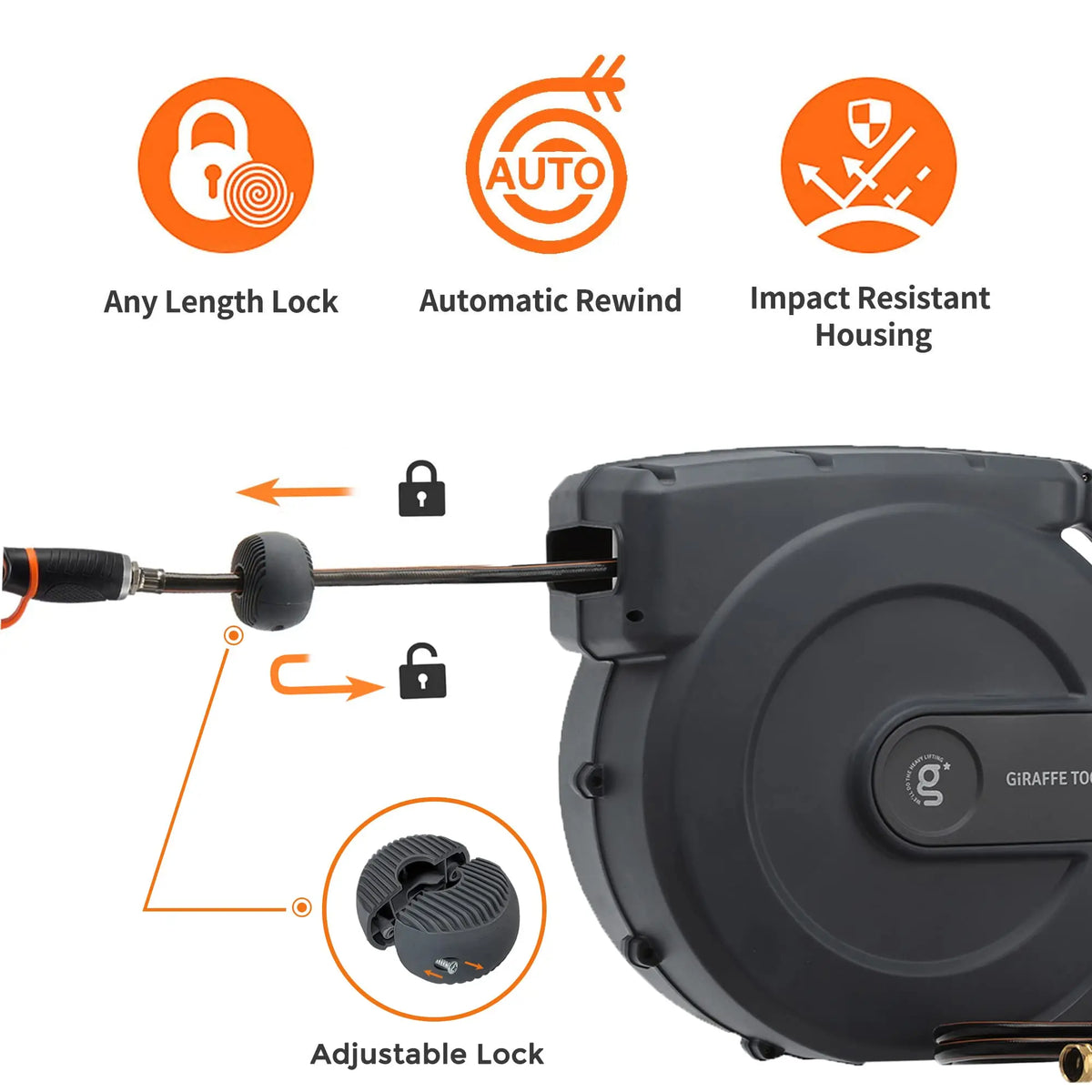 Giraffe Tools Retractable Garden Hose Reel 1/2 Inch x 155 with 5 ft Leader Hose, Heavy Duty, Any Length Lock, Slow Return System, Wall Mounted and 180 Deg Swivel Bracket
