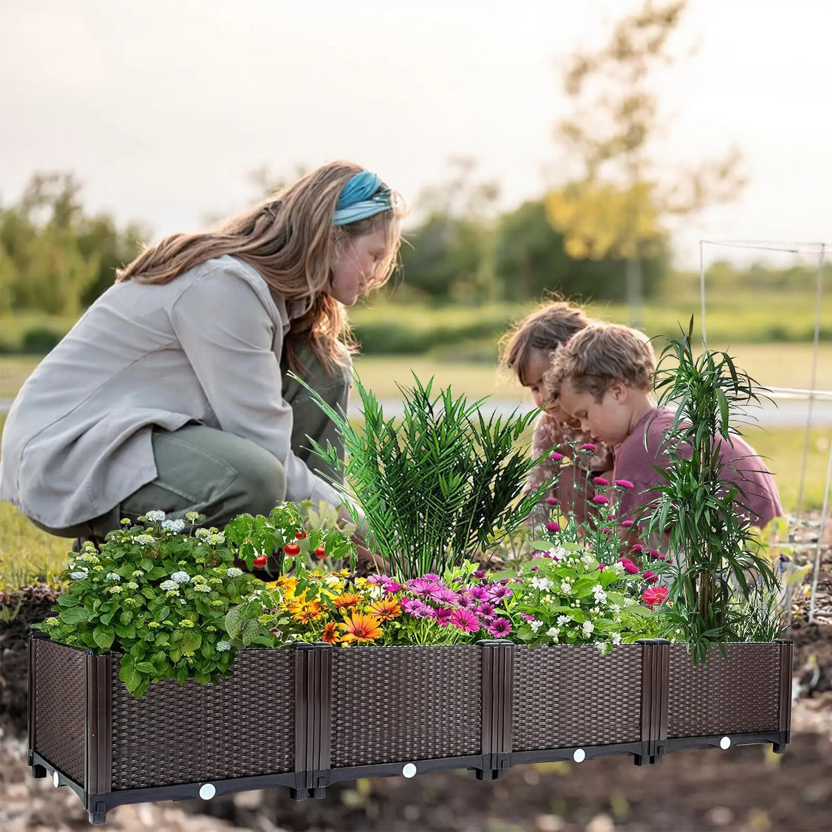 Self-Watering Raised Garden Bed – 160cm Large Plastic Planter Box with Deep Rectangular Rattan Design, Drainage Plug, Weather-Resistant for Outdoor & Indoor Vegetables, Flowers, Herbs, Patio, Balcony