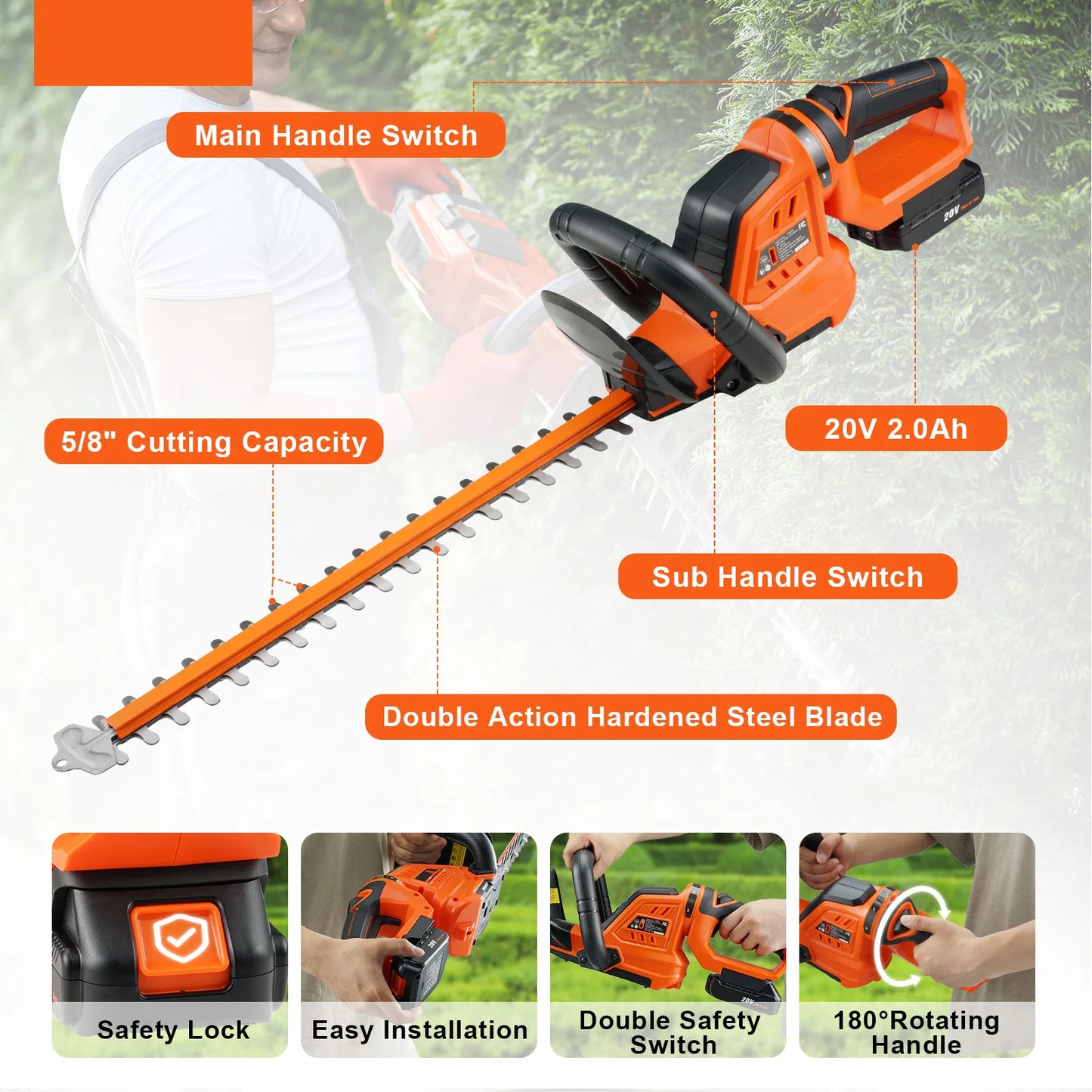 SucceBuy 20V Cordless Hedge Trimmer Kit With Battery Charger