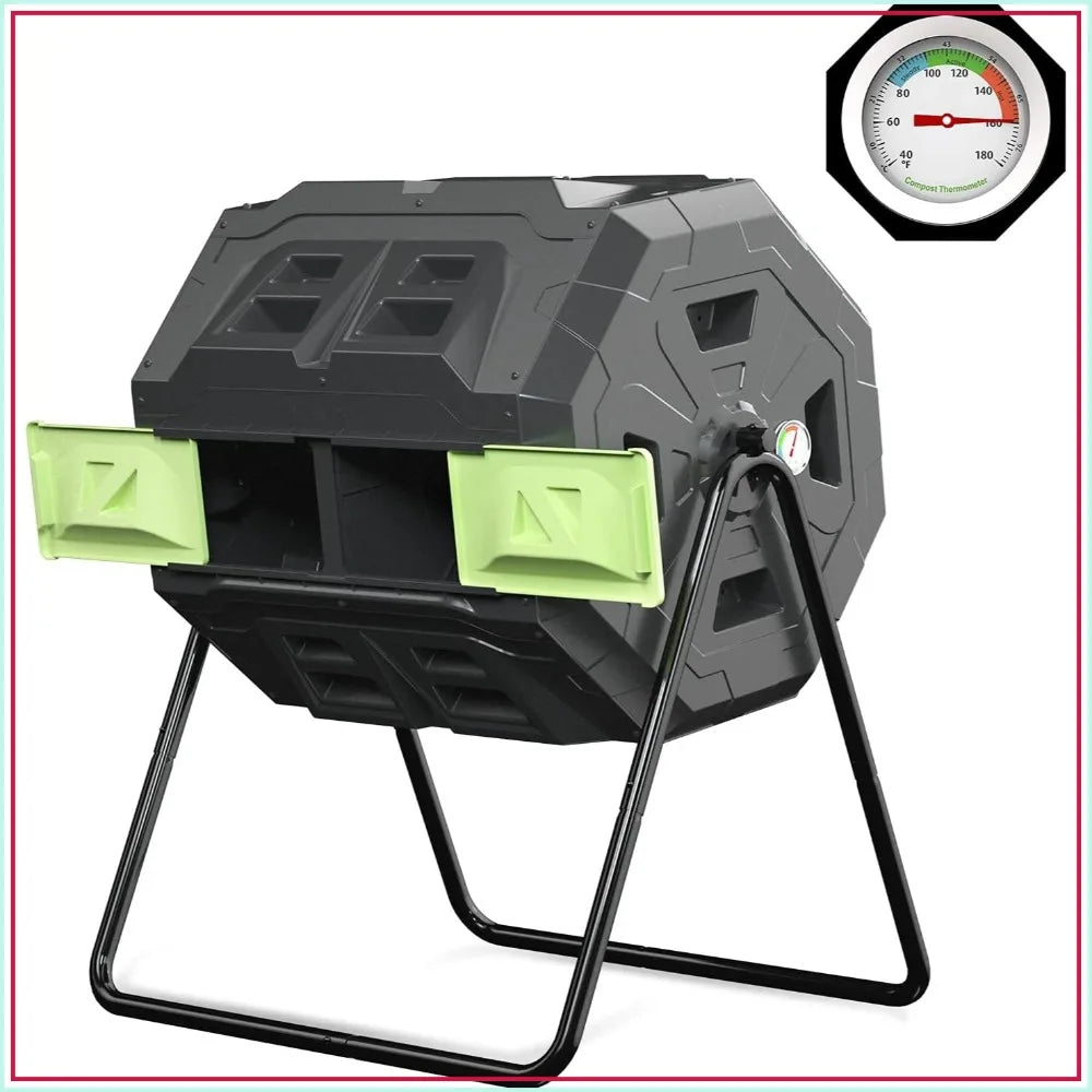Compost Tumbler Bin Dual Chamber With Thermometer Outdoor