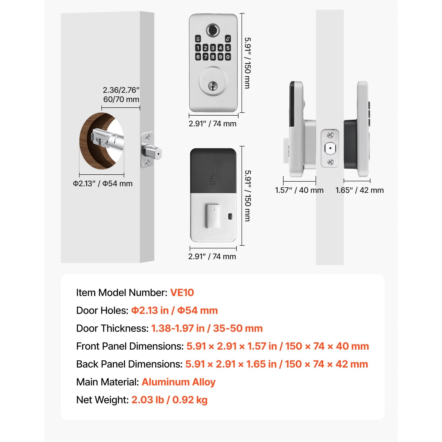 SucceBuy Fingerprint Door Lock Set Electronic Biometric Deadbolt Keyless Entry Door with Handle Easy-Grip Matte Black/Silver