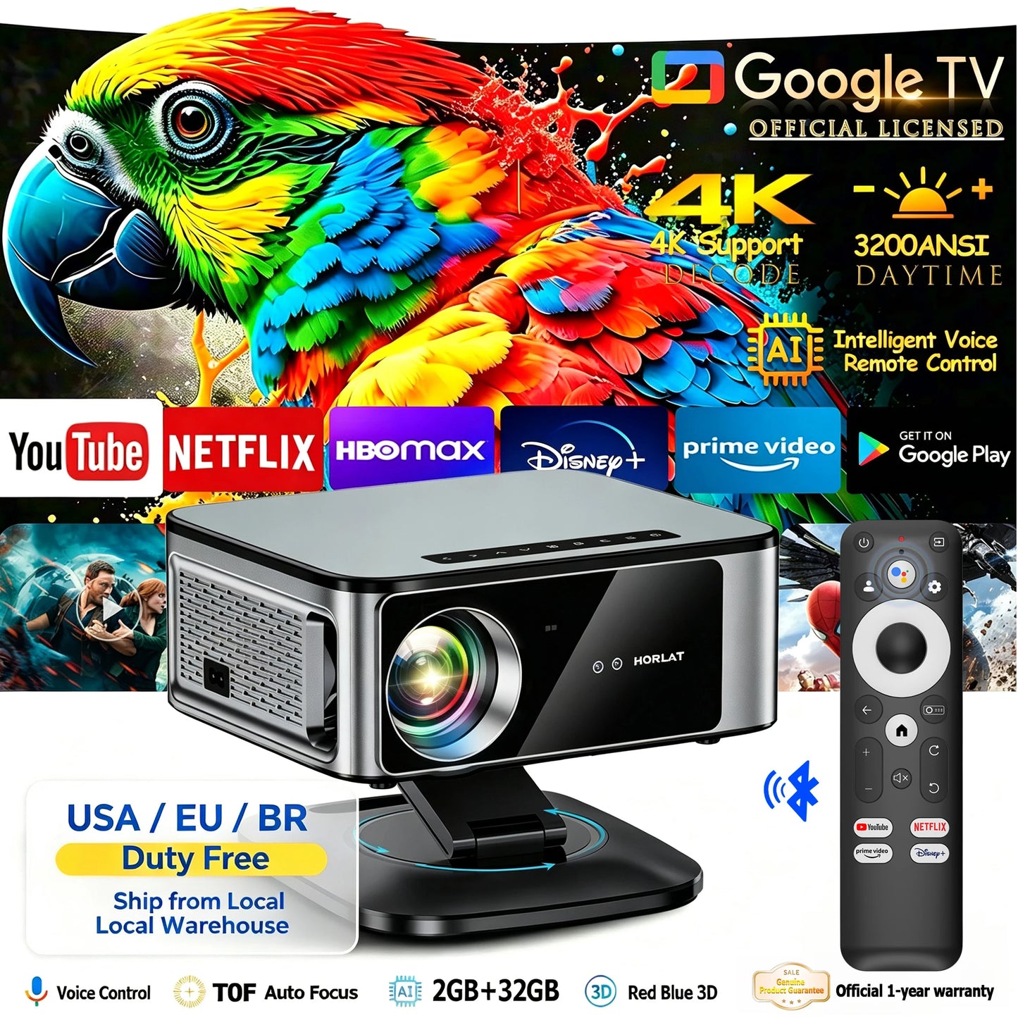 Horlat 4K Portable Smart Projector With 3200 Ansi Lumens Wifi