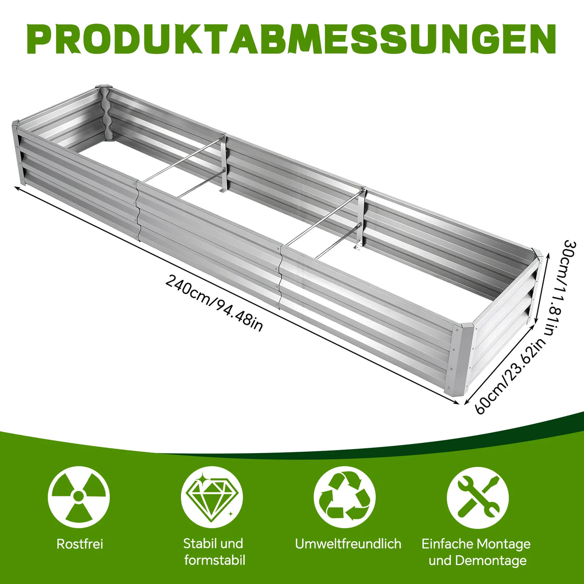 8×2×1ft Galvanized Metal Raised Garden Bed, 2FT Deep Root Elevated Planter Box Steel Large Vegetable Flower Bed Kit Light Green Silver