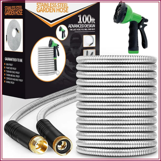 Stainless Steel Garden Hose Heavy Duty No-Kink Nozzle Pet Proof