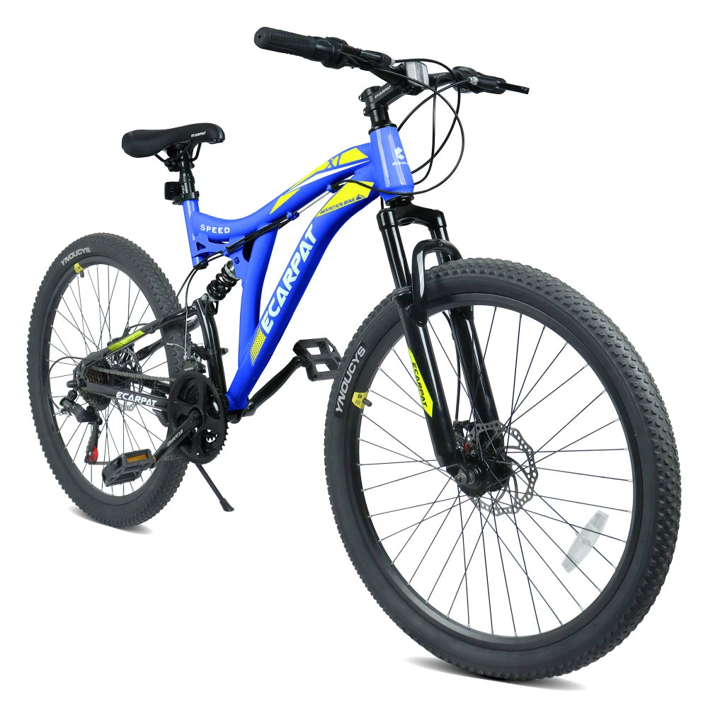 26 Inch Mountain Bike with 21-Speeds & Full Suspension Steel Frame, Alloy Rims, Disc Brakes For All Terrains, Men & Women, Multiple Colors