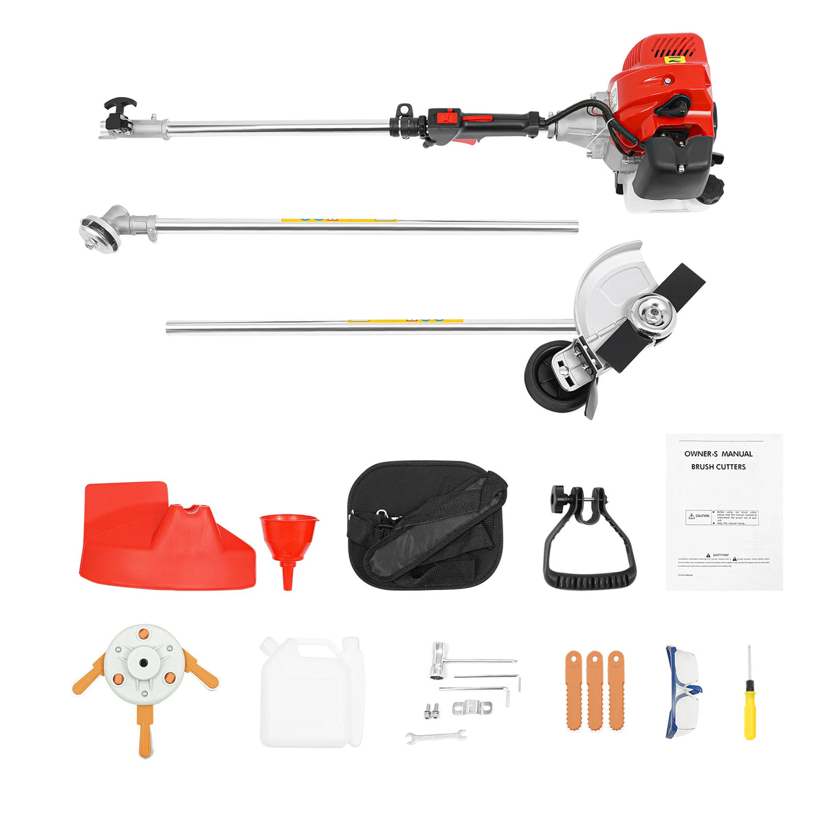 43cc 1.25kW Gasoline Brush Cutter, 2-Stroke Weed Wacker with 2 Blade Heads (Roller & Mowing), for Lawn, Orchard, Tea Garden, Rice Wheat Cutting, and Bush Clearing, 8500rpm High-Speed Grass Trimmer