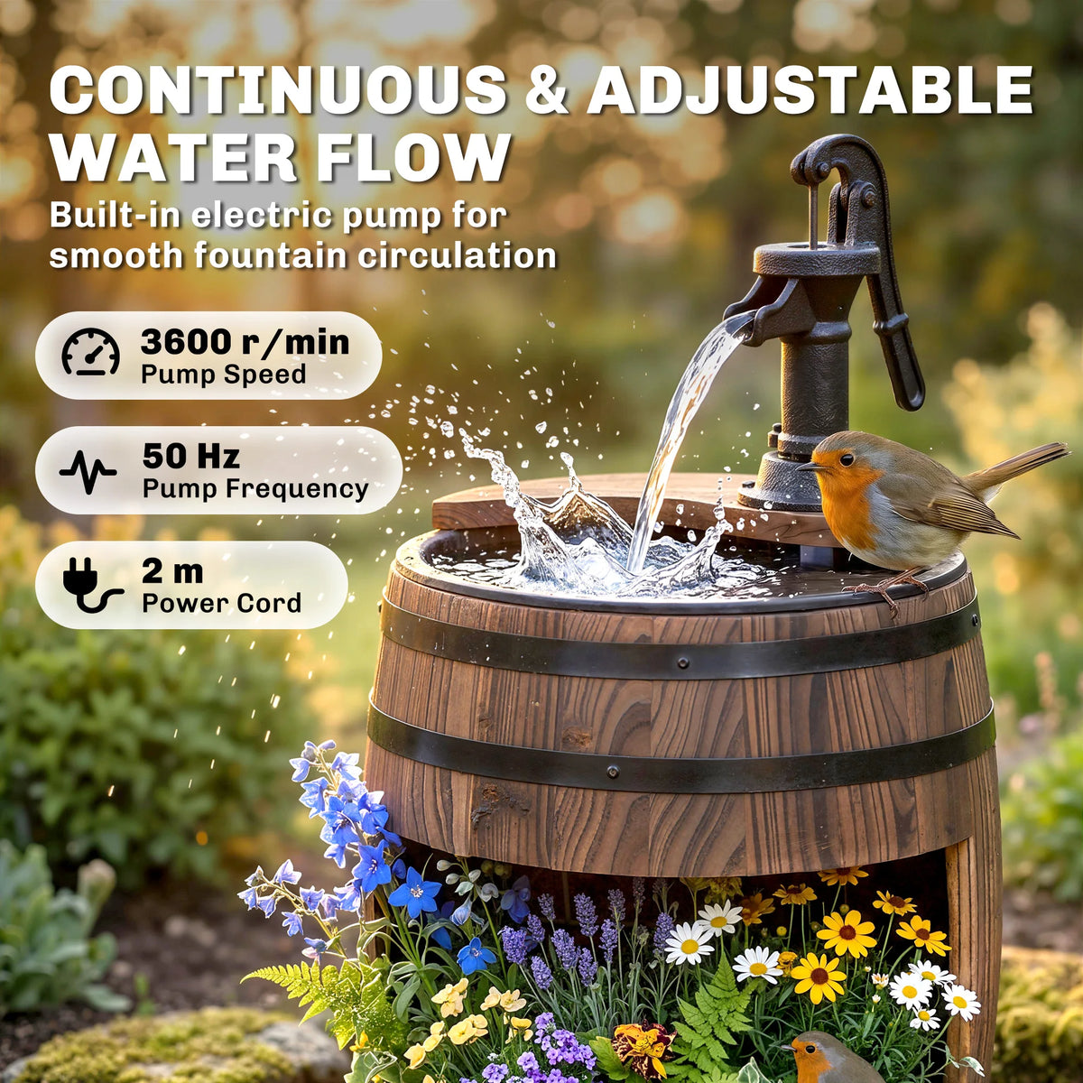 2 Tiers Outdoor Wooden Water Pump Fountain, Patio Decor, Durable Sturdy