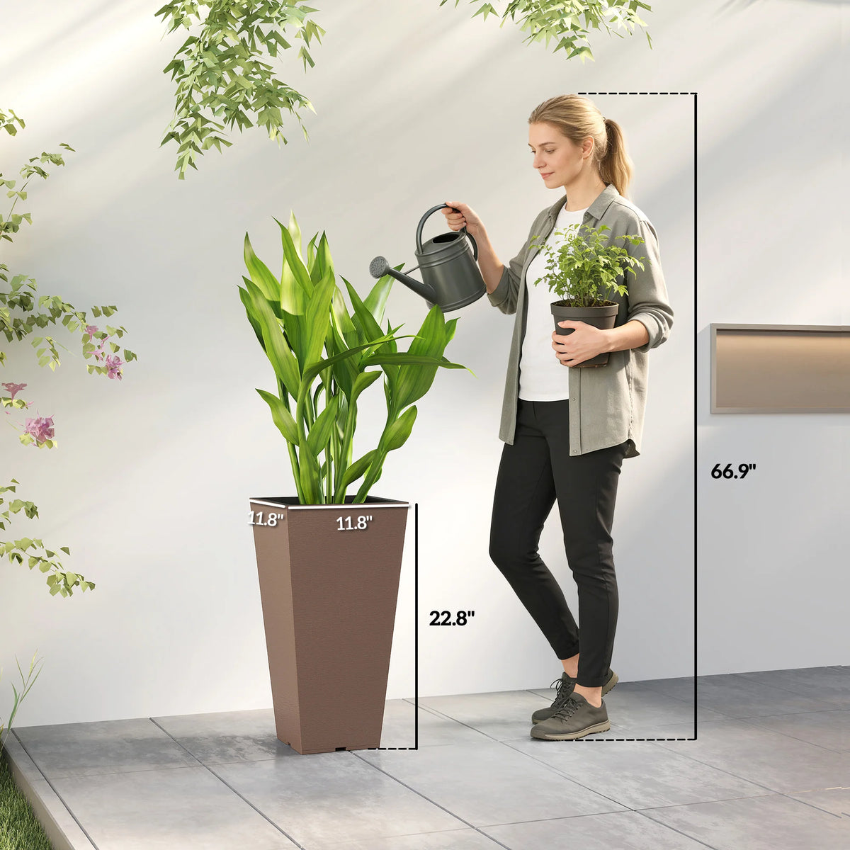 23 Inch Tall Planters, Set of 2 Tapered Outdoor Planters, Brown