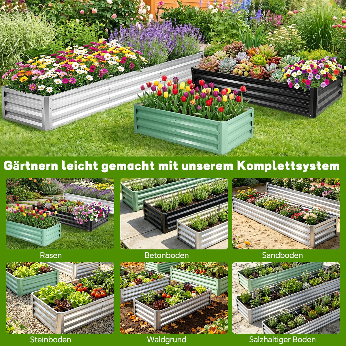 6×3×1ft Galvanized Metal Raised Garden Bed, 2FT Deep Root Elevated Planter Box Steel Large Vegetable Flower Bed Kit Light Green Silver Black