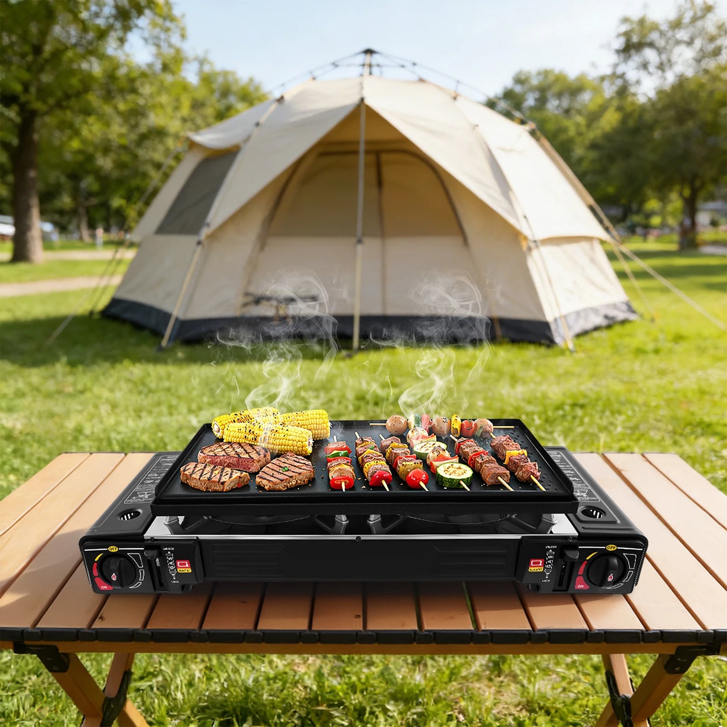 Camping Propane Stove Dual Burner With Griddle For Outdoor Cooking