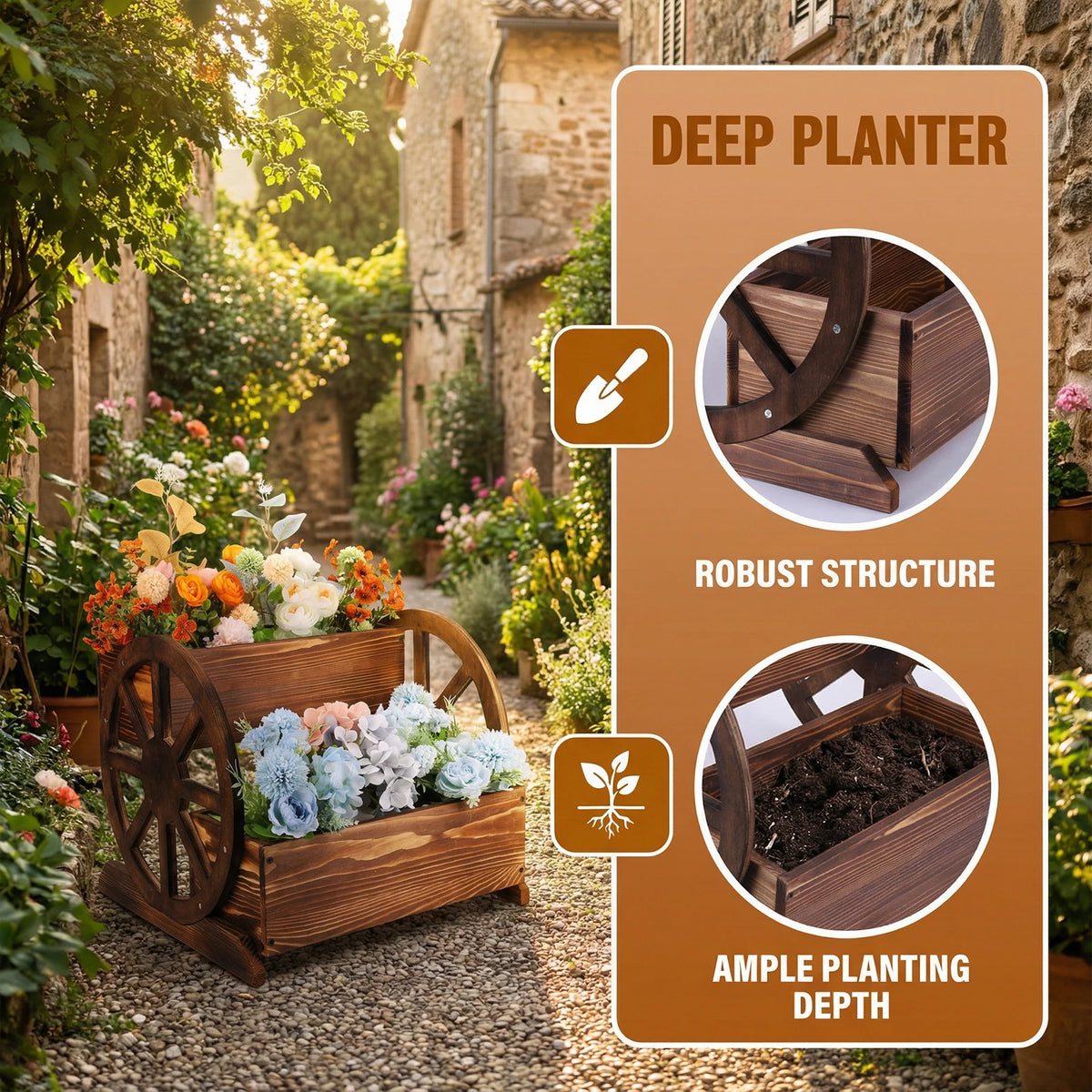 Wooden Wheelbarrow Planter with Wheels Decorative Plant Pot Flower Cart for Indoor Outdoor Patio Garden Balcony Backyard